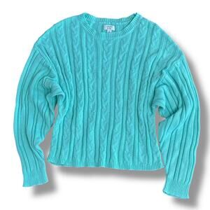 Crown & Ivy Women’s Large Blue Cable Knit Sweater Cotton Blend‎ Preppy Coastal